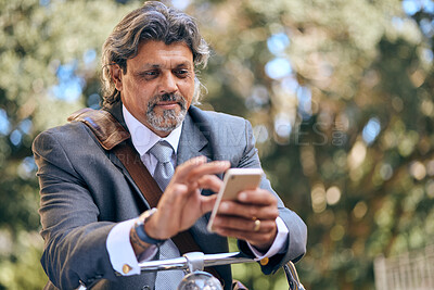 Buy stock photo Bike travel, nature and a businessman with a phone for an email, reading communication and chat. Relax, commute and a mature employee with a bicycle and a mobile for a notification in the morning