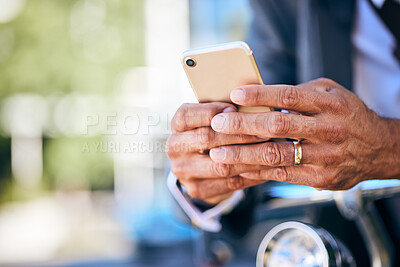 Buy stock photo Outdoor, business and man with a smartphone, hands and typing with connection, social media and network. Closeup, person or employee with a cellphone, mobile app and professional with search internet