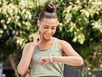 Smart watch, pulse and woman outdoor in fitness, exercise and workout in nature. Heart rate, clock and happy athlete check in cardio, training progress and sports in healthy body, wellness and time