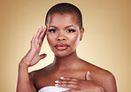 Beauty, makeup and portrait of a black woman in studio for self care, skin glow or cosmetics. Face of african person or aesthetic model with facial shine, dermatology and lipstick on beige background