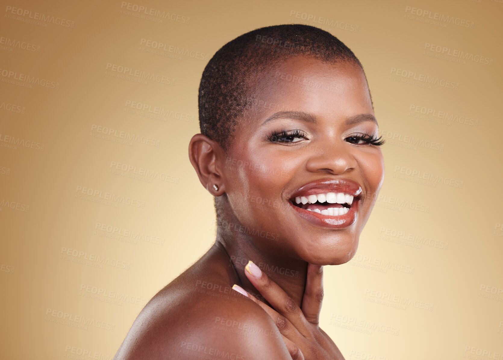 Buy stock photo Black woman, makeup and face with beauty in studio for self care, skin glow and cosmetics. Portrait of african person or aesthetic model with facial shine, dermatology and smile on a beige background