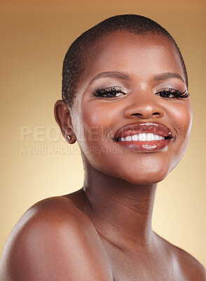 Buy stock photo Makeup, beauty and portrait of a black woman in studio for self care, skin glow and cosmetics. Face of african person or aesthetic model with facial shine, eyelash and lipstick on a beige background