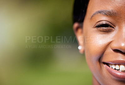 Buy stock photo Half face, smile and black woman in nature on mockup space outdoor. Portrait, happy and natural African person in summer garden, countryside and woods in closeup on holiday and vacation in Kenya