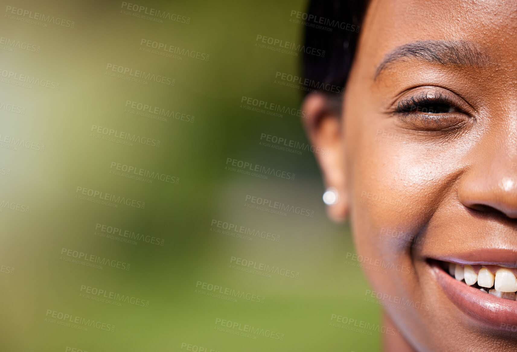 Buy stock photo Half face, smile and black woman in nature on mockup space outdoor. Portrait, happy and natural African person in summer garden, countryside and woods in closeup on holiday and vacation in Kenya