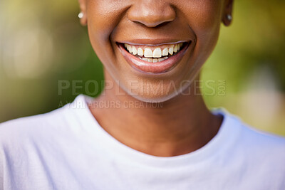 Buy stock photo Smile, closeup and mouth of a woman for dental health, oral hygiene and dentist results in nature. Beauty, wellness and lips or teeth of a person for whitening progress, healthcare or cleaning