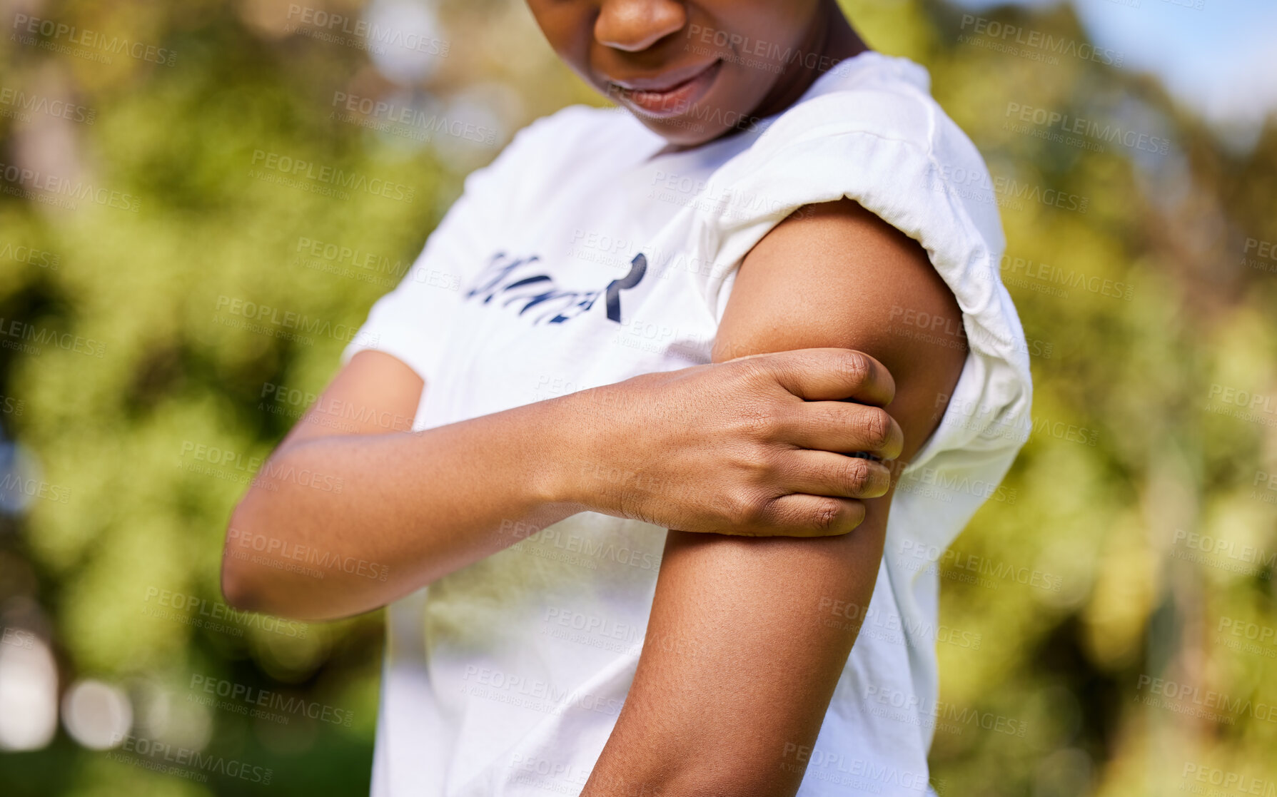 Buy stock photo Woman, arm injury and pain in nature from accident, tension or outdoor muscle cramp. Closeup of female person or volunteer worker with sore ache, discomfort or joint inflammation in nature