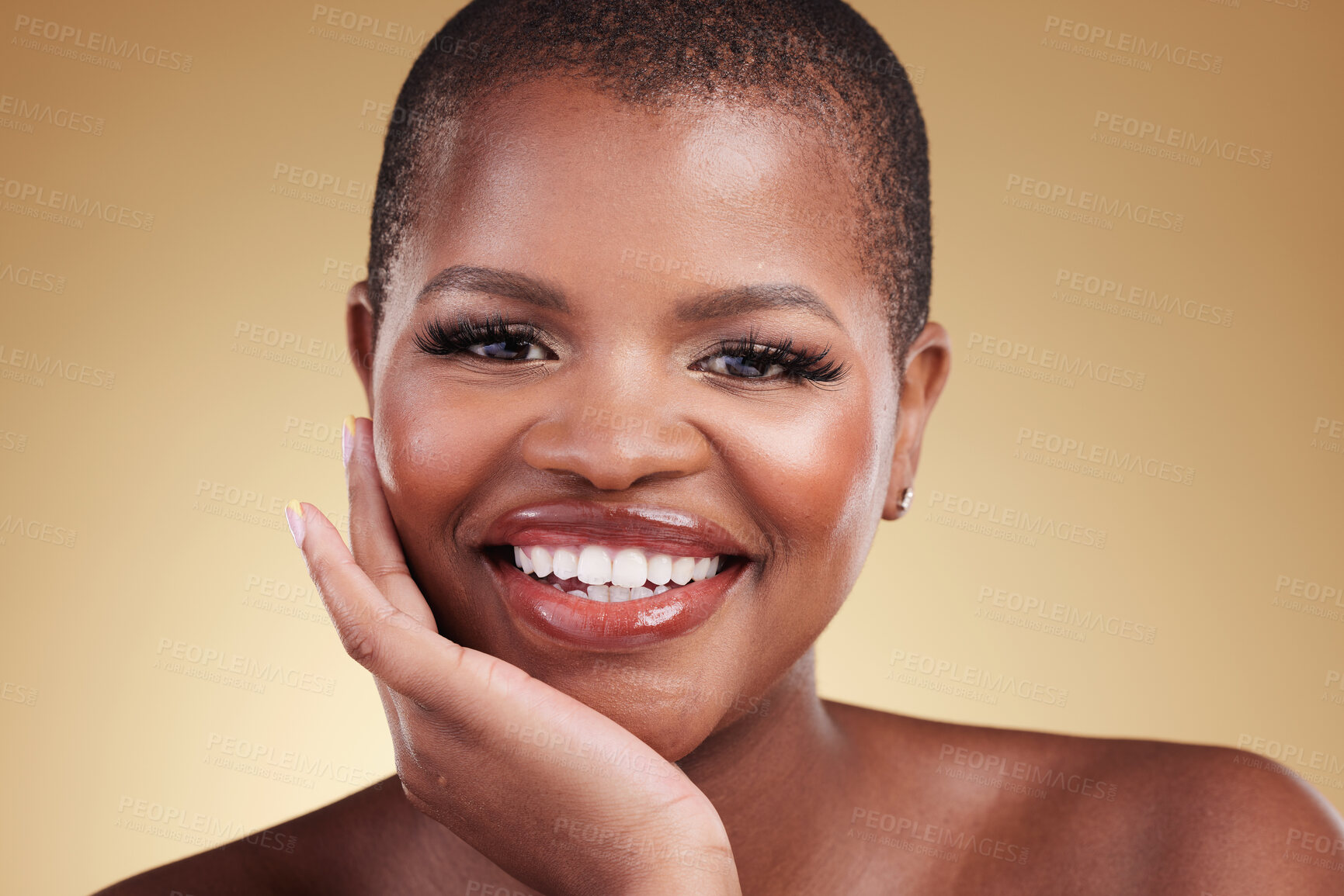 Buy stock photo Beauty, smile and portrait a black woman in studio for skincare, glow and cosmetics. Face of happy african model person with facial shine, dermatology and self care for wellness on a beige background