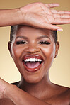 Beauty, makeup and face an excited woman in studio for skin care, glow and cosmetics. Portrait of an African model person with facial shine, dermatology to teeth and wellness on a beige background