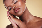 Black woman, makeup and face or beauty portrait in studio for skin care, glow and cosmetics. Headshot of african person or model with facial shine, dermatology and wellness on a beige background