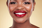 Red lipstick, black woman, beauty and portrait, makeup and smile, skin and shine isolated on studio background. Bold cosmetic product, lips and cosmetology, elegance and glamour with color and glow