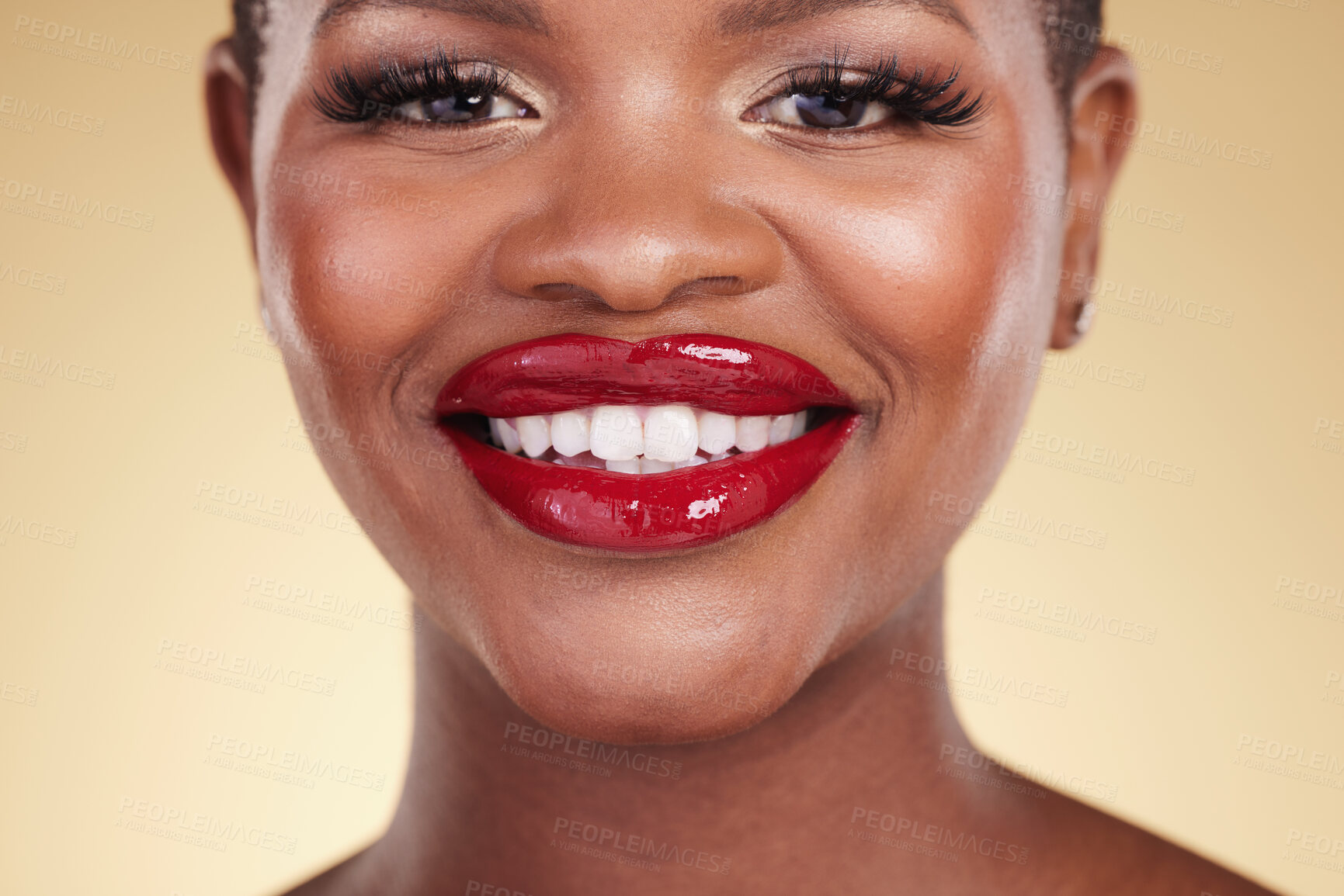 Buy stock photo Red lipstick, black woman, beauty and portrait, makeup and smile, skin and shine isolated on studio background. Bold cosmetic product, lips and cosmetology, elegance and glamour with color and glow
