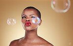 , makeup and bubbles with face of black woman in studio for cosmetics, spa treatment and luxury. Skincare, dermatology and self care with model on gold background for glow, facial and soap mockup