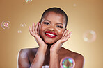 Happy, makeup and bubbles with portrait of black woman in studio for cosmetics, spa treatment and luxury. Skincare, dermatology and self care with model on gold background for glow, facial and beauty
