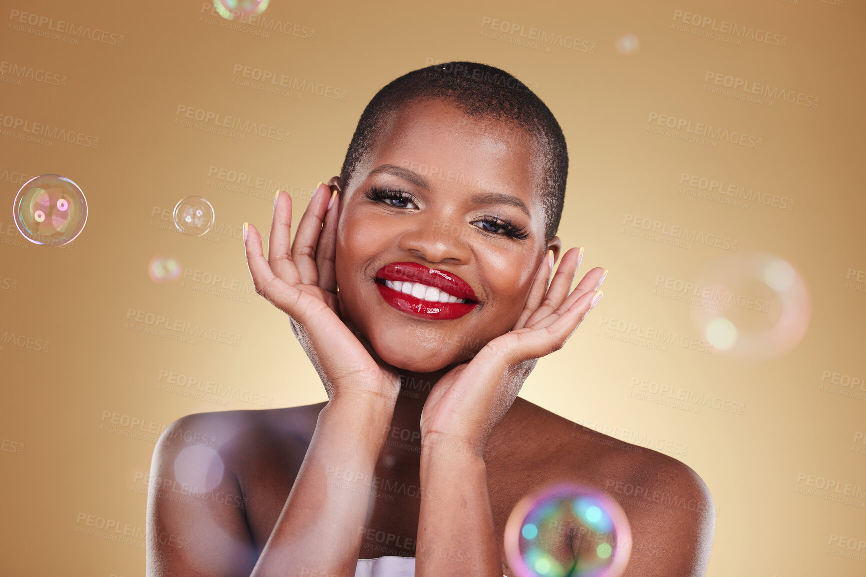 Buy stock photo Happy, makeup and bubbles with portrait of black woman in studio for cosmetics, spa treatment and luxury. Skincare, dermatology and self care with model on gold background for glow, facial and beauty