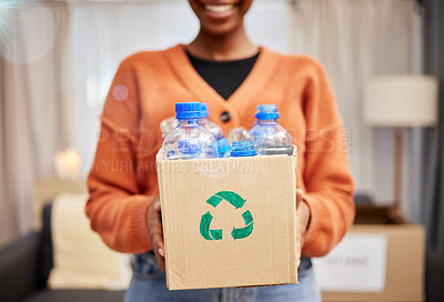 Buy stock photo Plastic, recycle and woman with bottle in box in living room for eco friendly, reusable and cleaning. Sustainability, conservation and happy person with container to reduce waste, litter and garbage