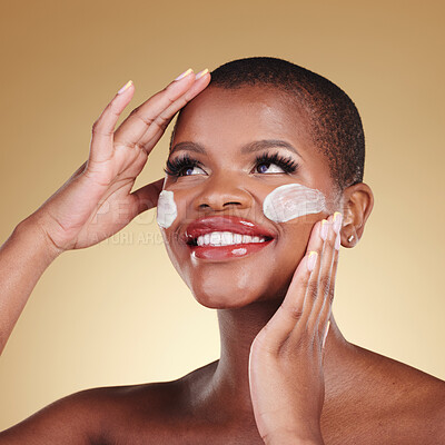 Buy stock photo Skincare, smile and face cream for black woman in studio happy, dermatology or cosmetic results on brown background. Beauty, glow and model with facial, sunscreen or collagen or vitamin c application
