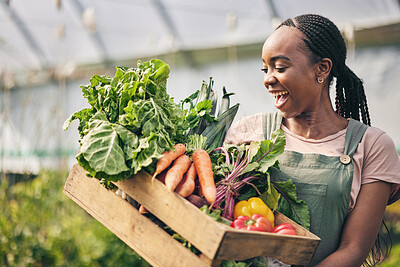 Buy stock photo Woman, happy farmer and vegetables in greenhouse for agriculture, business growth and product in box. Excited African worker or supplier harvest and gardening with food, carrot and lettuce in basket