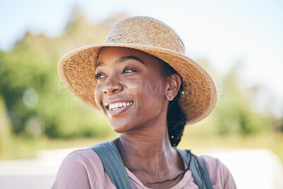 Buy stock photo Smile, countryside and black woman on farm with sustainable business idea, nature and sunshine. Agriculture, gardening and thinking, happy female farmer in Africa with green plants and agro farming.