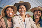 Greenhouse, group and happy selfie of women in farming, sustainable small business and agriculture. Portrait of female friends at vegetable farm, diversity and growth in summer with agro workers.