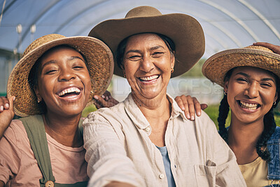 Buy stock photo Greenhouse, group and happy selfie of women in farming, sustainable small business and agriculture. Portrait of female friends at vegetable farm, diversity and growth in summer with agro workers.