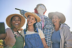 Women, agriculture and group selfie in summer with smile, scarecrow or funny memory for web blog in farming. Female teamwork, agro job and photography in nature, happy and comic laugh on social media