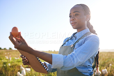 Buy stock photo Clipboard, black woman and egg at farm for inspection, supply chain or quality control in countryside. Poultry farming, free range and farmer with chicken eggs check for organic, industry or trading