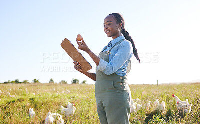 Buy stock photo Woman in field with chickens, clipboard and egg, quality assurance and sustainable small business farming in Africa.  Poultry farm inspection, checklist and farmer in countryside with birds in grass.