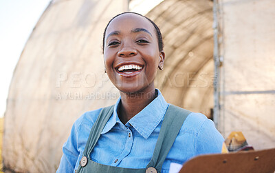 Buy stock photo Portrait, black woman and farm with clipboard for sustainability, management or quality control in countryside. Face, smile and farmer with checklist for distribution stock at poultry supply chain