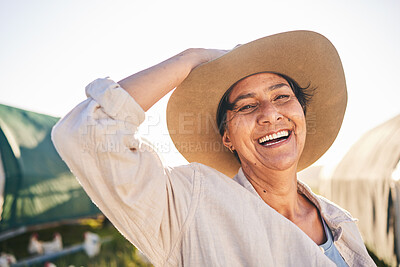 Buy stock photo Farm, happy and portrait of woman in countryside, field and nature for small business, growth and ecology. Agriculture, sustainable farming and person with chicken for free range poultry production