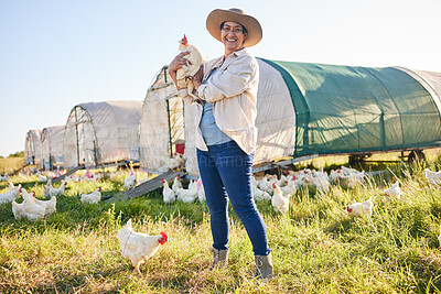 Buy stock photo Farm, chicken and portrait of woman in field, countryside and nature for small business, growth and ecology. Agriculture, sustainable farming and person with bird for free range poultry production