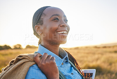 Buy stock photo Agriculture, thinking and smile with black woman on farm for environment, sustainability and plant. Garden, grass and nature with person in countryside field for ecology, production and soil health