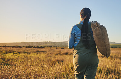 Buy stock photo Agriculture, space and sunset with woman on farm for environment, sustainability and plant. Garden, grass and nature with back of person walking in countryside for ecology, mockup and soil health