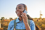 Phone call, countryside and black woman with connection, agriculture and communication with a smile. Person outdoor, girl or farmer with a cellphone, conversation and  ecology with nature and contact