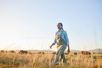 Buy stock photo Woman, farmer and walking in countryside on grass field with cow and cattle worker. African female person, and agriculture outdoor with animals and livestock for farming in nature with mockup space