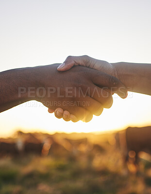 Buy stock photo Thank you, handshake and people with b2b farm deal for agriculture, partnership or small business support. Welcome, shaking hands and farming collaboration for supply chain, trust and agro startup