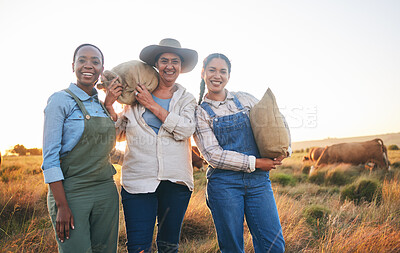 Buy stock photo Farm portrait, women and countryside with a smile from working on a grass field with feed bag. Sustainability, eco friendly and agriculture outdoor at sunset in nature with farming cows and mission