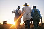 Women, farmer group and walking in countryside on grass field at sunset with cow and cattle. Female friends, back and agriculture outdoor with animals and livestock for farming in nature with freedom