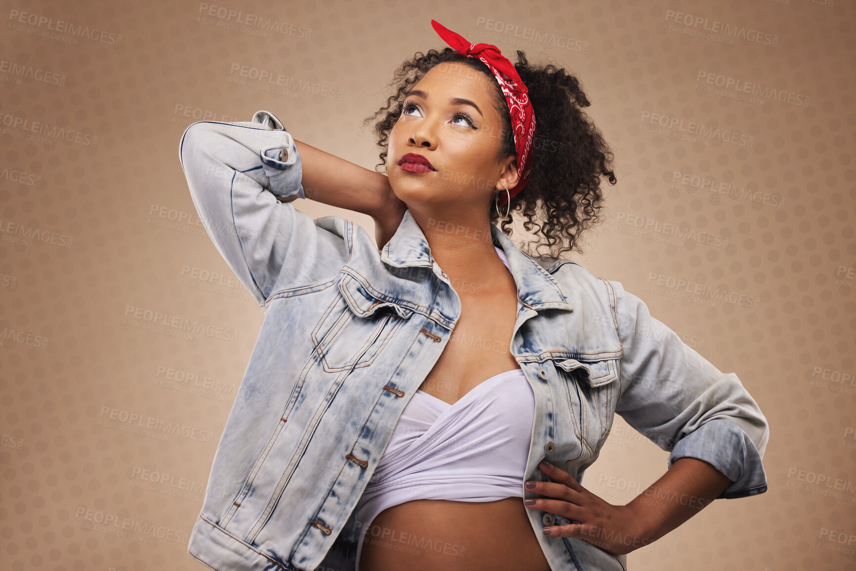 Buy stock photo Gen z woman, thinking and fashion in studio with ideas, trendy style and makeup by brown background. African girl, model or student with vision, aesthetic and memory with edgy clothes for decision