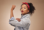 Strong, power and portrait of woman flex arms for empowerment, strength and confident in studio. Feminism, freedom and person on brown background show muscle for challenge, gender equality and pride