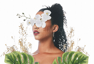 Buy stock photo Beauty, cosmetics and face of woman with flowers for wellness, natural skincare and dermatology in studio. Orchid, facial and person with makeup, glamour and facial aesthetic on white background