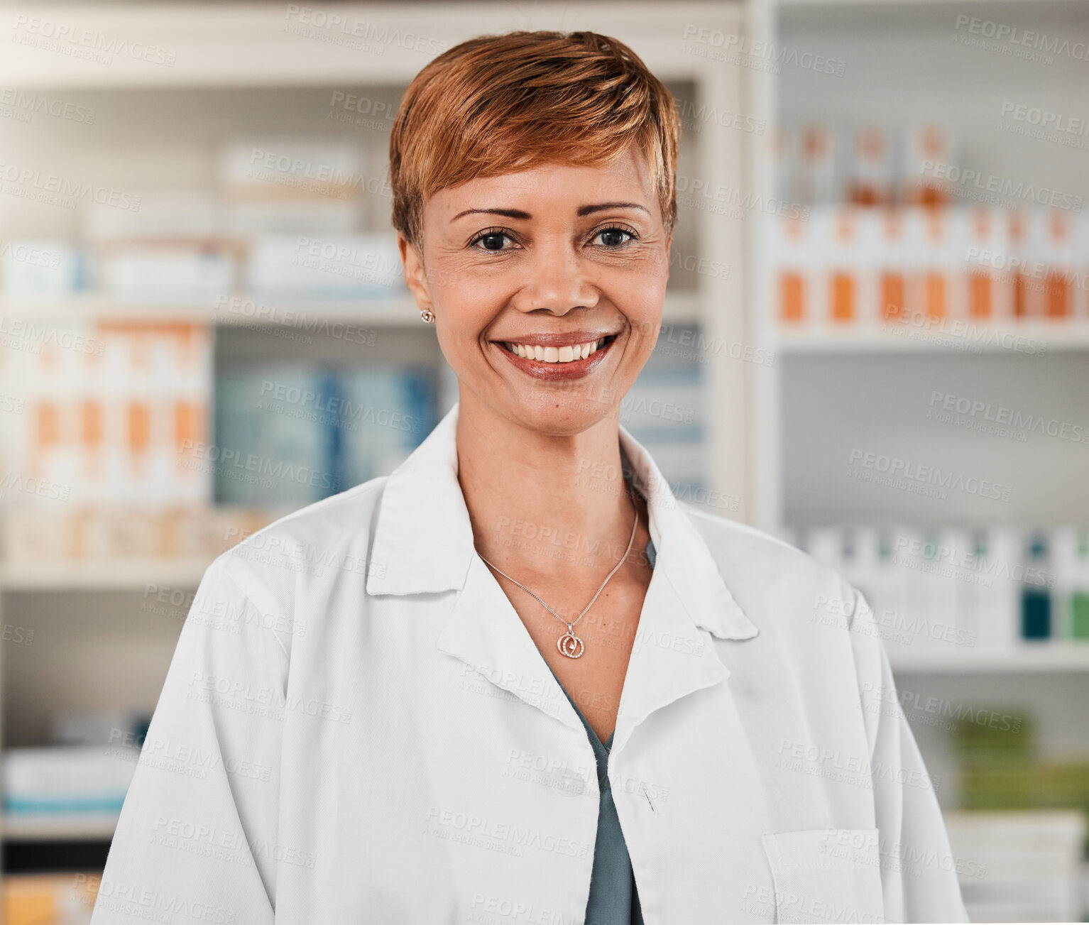 Buy stock photo Happy woman, portrait and pharmacist smile in healthcare advice, pharmaceutical or medical help at drugstore. Female person, doctor or worker in happiness or confidence at pharmacy with medication