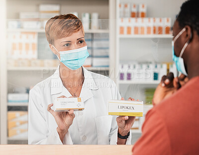 Buy stock photo Face mask, pharmacist and medicine pills choice for patient asthma, virus and breathing drugs. Woman, help and customer with medical product solution in pharmacy wellness sales, retail or healthcare