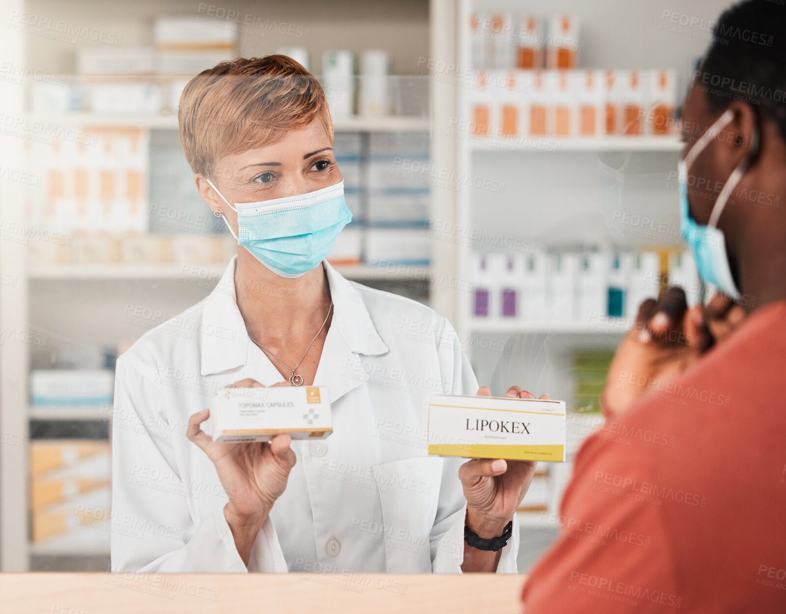 Buy stock photo Face mask, pharmacist and medicine pills choice for patient asthma, virus and breathing drugs. Woman, help and customer with medical product solution in pharmacy wellness sales, retail or healthcare