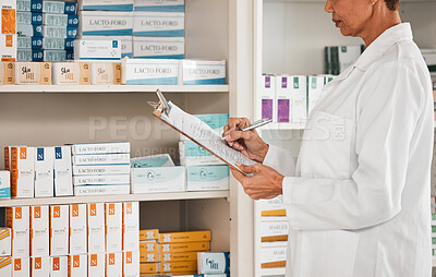 Buy stock photo Woman, pharmacist and writing on clipboard for inventory inspection on pills, tablets or medication on shelf at pharmacy. Female person or medical worker checking stock or pharmaceutical at drugstore