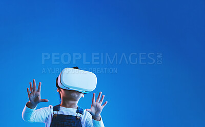 Buy stock photo Futuristic, girl or kid virtual reality glasses, online gaming or technology on blue studio background. Child, future or vr headset for video game, esports experience or mockup space with innovation