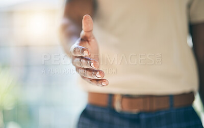 Buy stock photo Closeup hand, business and man with handshake, partnership and contract with agreement, b2b meeting and welcome. Greeting, person or employee shaking hands for cooperation, onboarding or startup deal