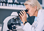 Microscope, research and woman scientist looking for sample analysis or experiment in a laboratory for a medical project. Science, equipment and professional test bacteria or DNA in a chemistry lab