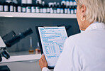 Science, woman in laboratory and checklist with results, inventory list and pharmaceutical study data. Chemical research, drugs and scientist in lab with clipboard, medical notes and analysis info.