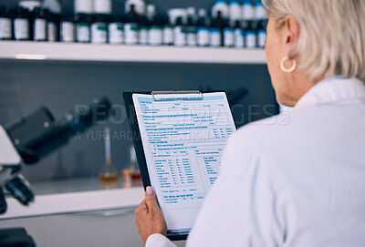 Buy stock photo Science, woman in laboratory and checklist with results, inventory list and pharmaceutical study data. Chemical research, drugs and scientist in lab with clipboard, medical notes and analysis info.