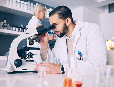 Buy stock photo Science man, microscope analysis and laboratory for research, molecules or particles of bacteria at pharma job. Scientist team, medical vision and studying with virus for pharmaceutical innovation